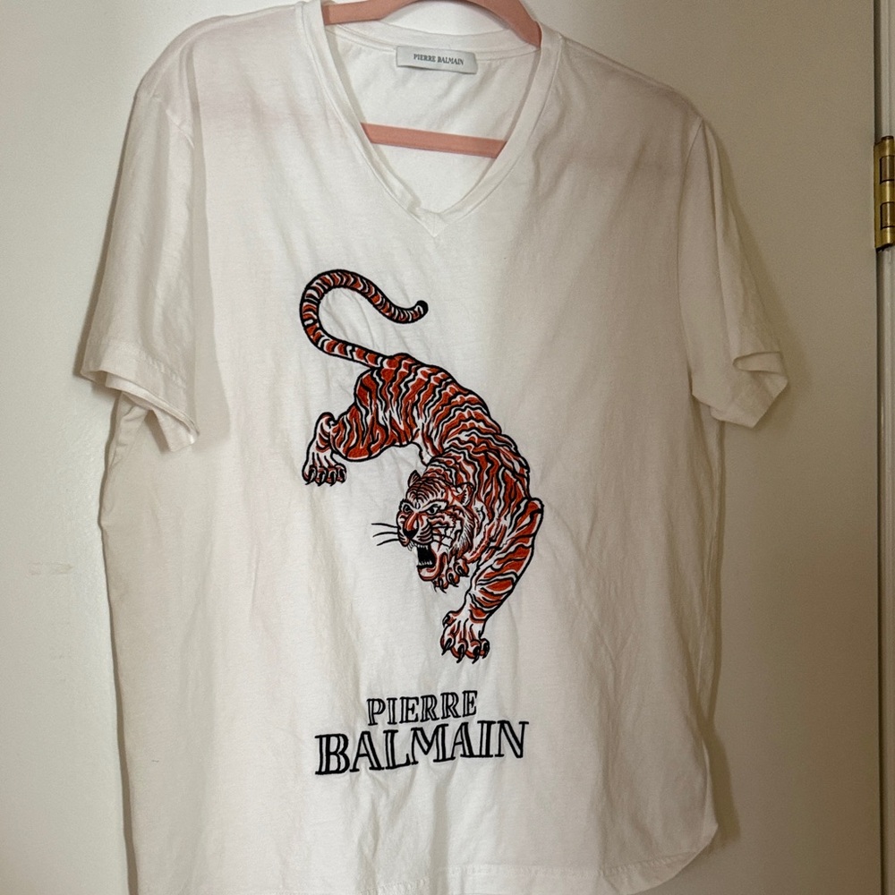 Pierre Balmain Ivory Tee with Fierce Tiger Motif